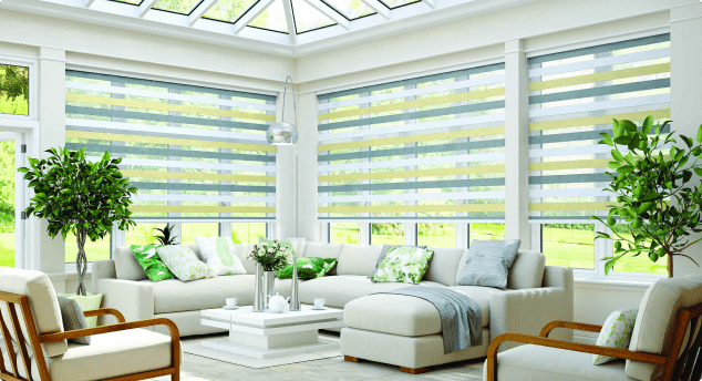 Yellow and Grey Blinds in a Conservatory
