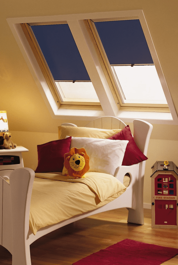 Blue Skylight Blinds in a Children's Bedroom