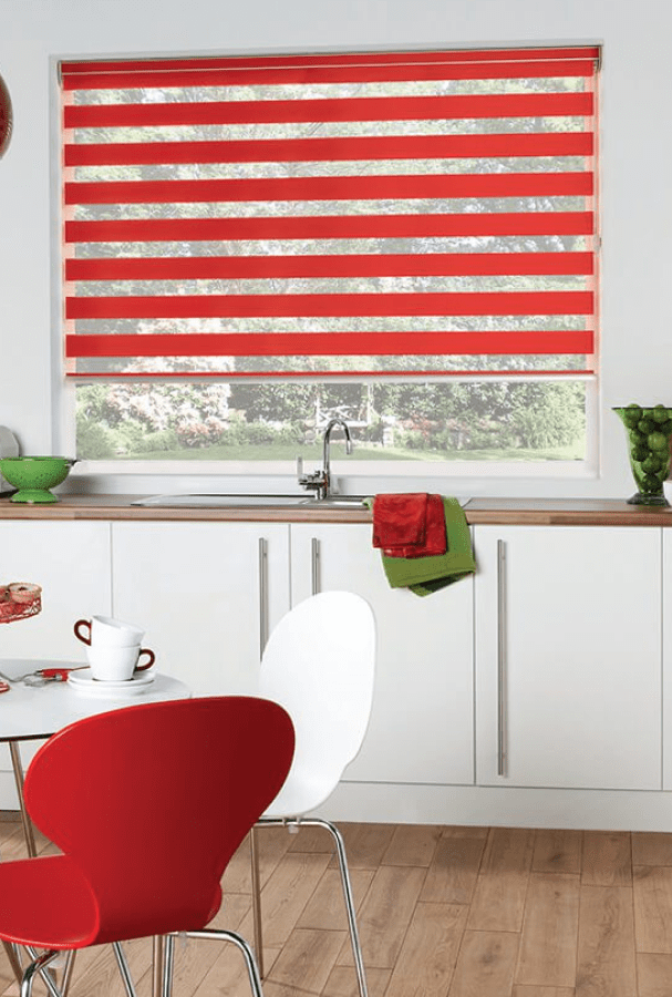 Red Striped Roller Blinds in a kitchen