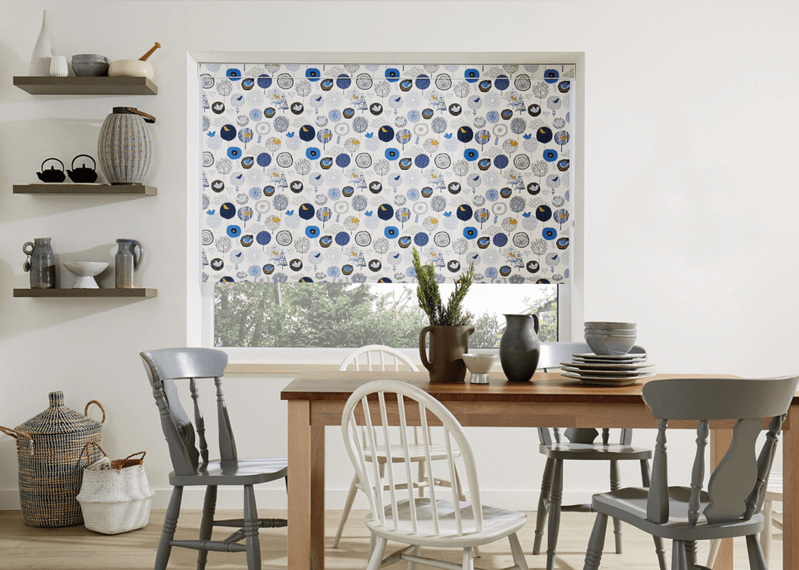 Blue Floral Blinds in a Dining Room