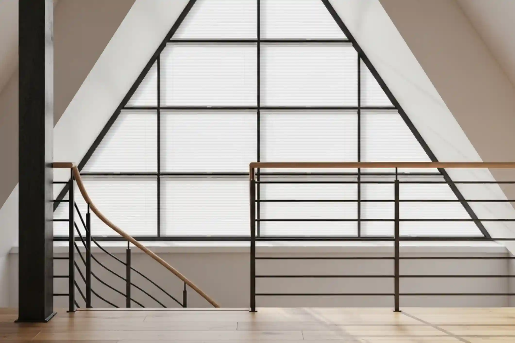 A modern triangle shaped window with perfectly fitted blinds