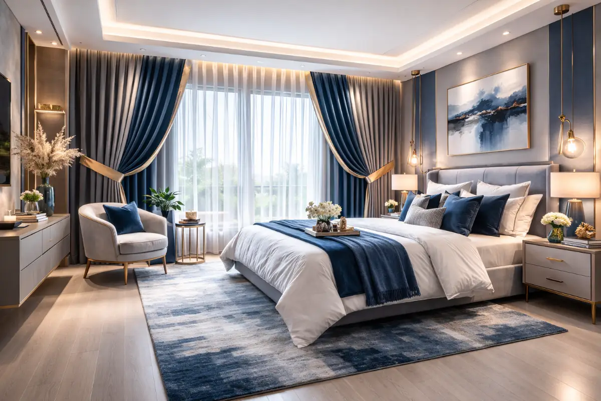 Modern Luxury Bedroom with Blue Curtains