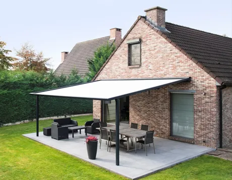 white B128 awning over a patio